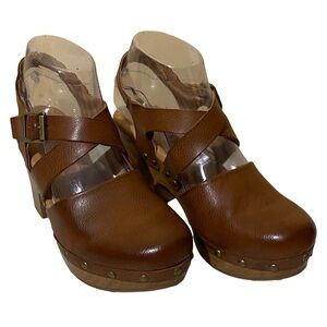 Korks Abloom Strappy Studded Clog Platform Slingback Sandals Brown Faux Leather